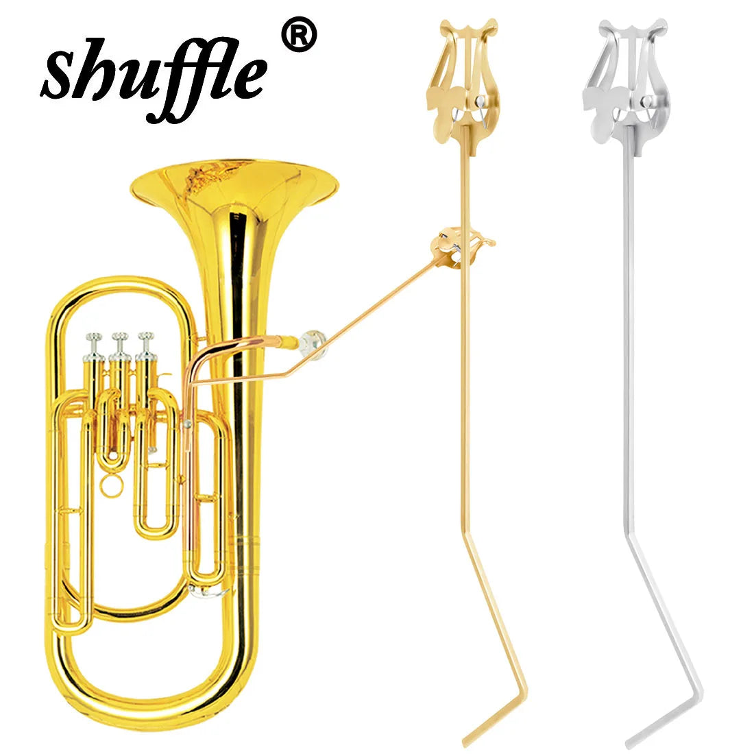 Gold-colored shuffle brand baliton tenor horn with matching gold and silver lyre-shaped standing key marching sheet music stand clip