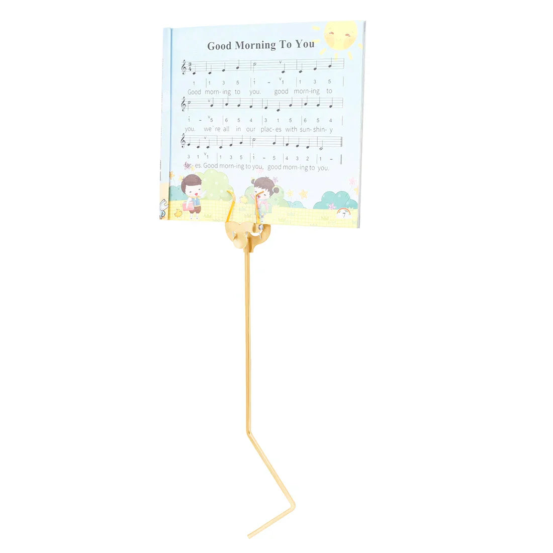 Yellow metal standing key marching music stand holding children’s song sheet for baliton tenor horn and tenor horn euphonium