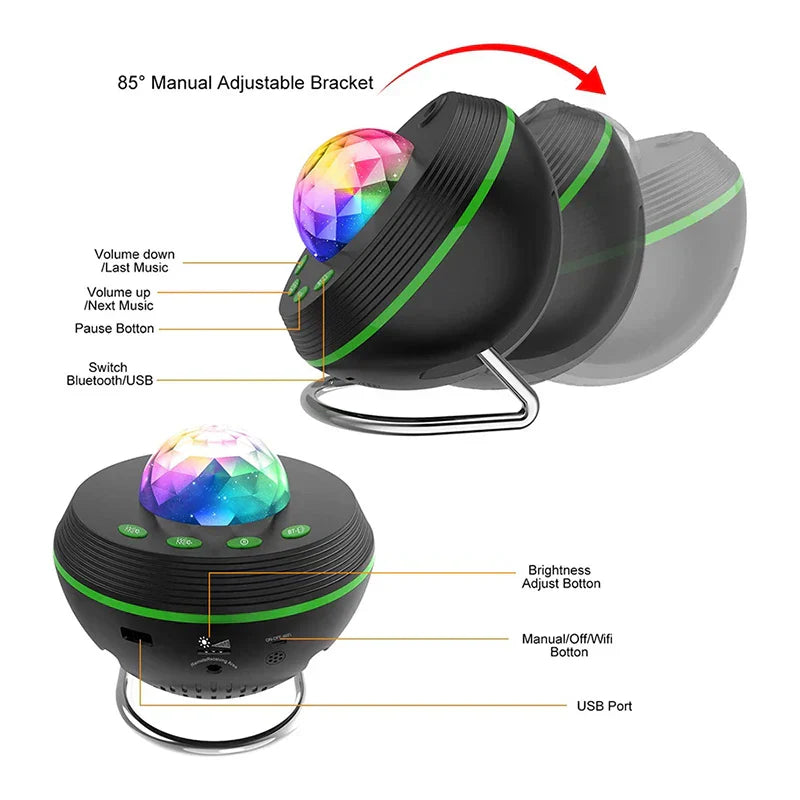Black spherical star moving water led night light with colorful faceted crystal dome and green accent rings galaxy projector speaker