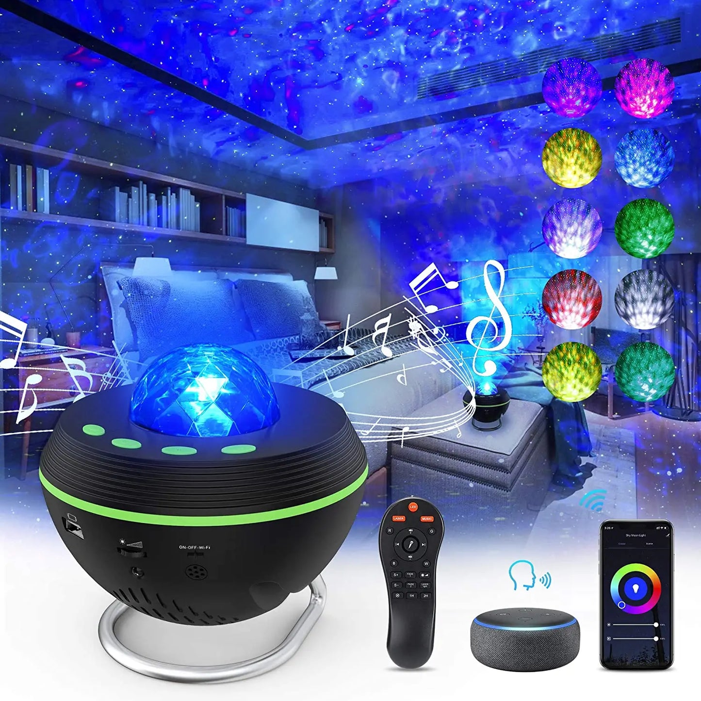Black spherical star moving water wave projector with blue crystal dome green lights and multiple connectivity ports galaxy projector speaker