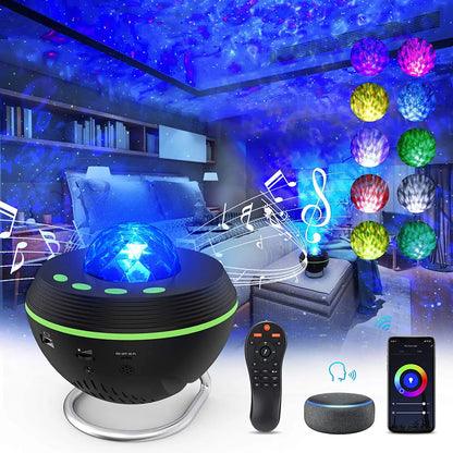 Black spherical star moving water wave projector with blue crystal dome green lights and multiple connectivity ports galaxy projector speaker