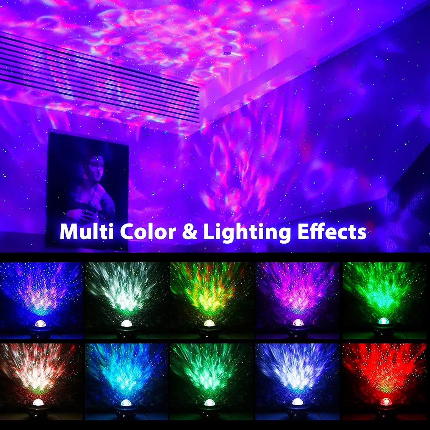 Purple and blue star moving water galaxy projector speaker with multi-color light ocean projector effects for night use