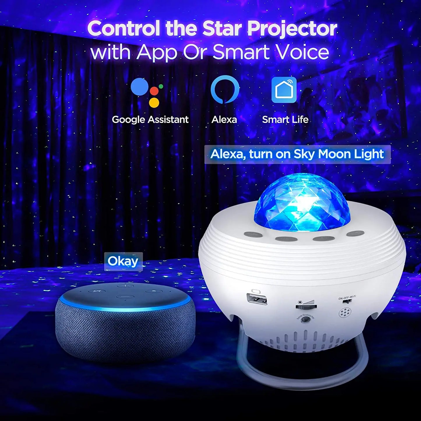 White star projector with blue faceted crystal dome for star moving water galaxy projector speaker light ocean projector