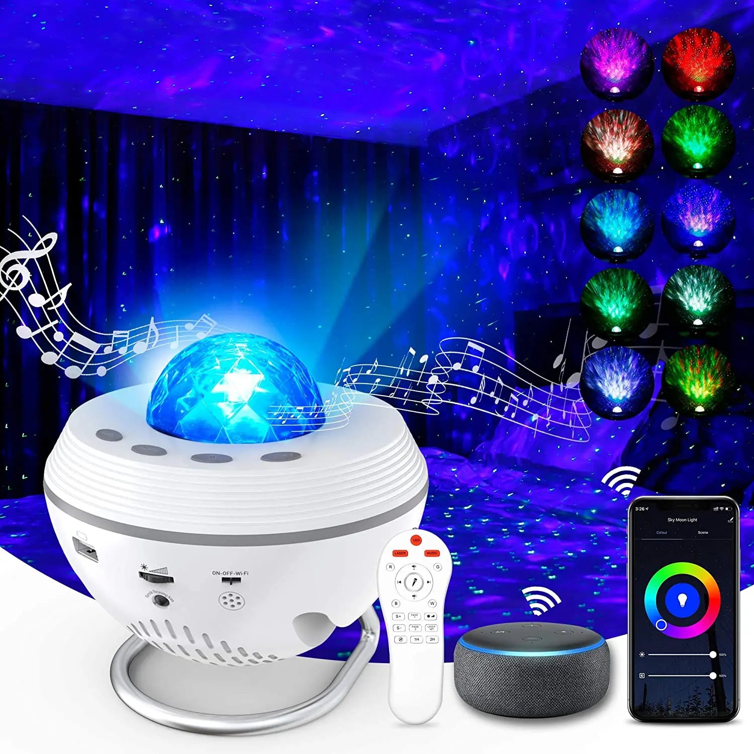 White and silver star moving water galaxy projector speaker with faceted blue dome for ambient light ocean effects