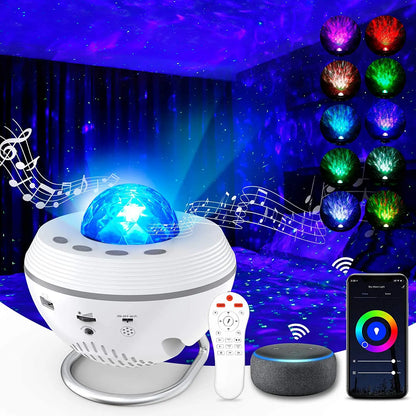 White and silver star moving water galaxy projector speaker with faceted blue dome for ambient light ocean effects
