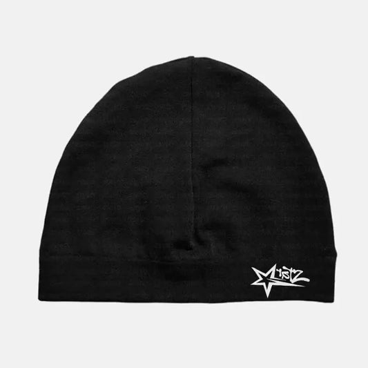 Black knit breathable skull hat with white stylized logo on brim made of star printed nylon for high elasticity outdoor use