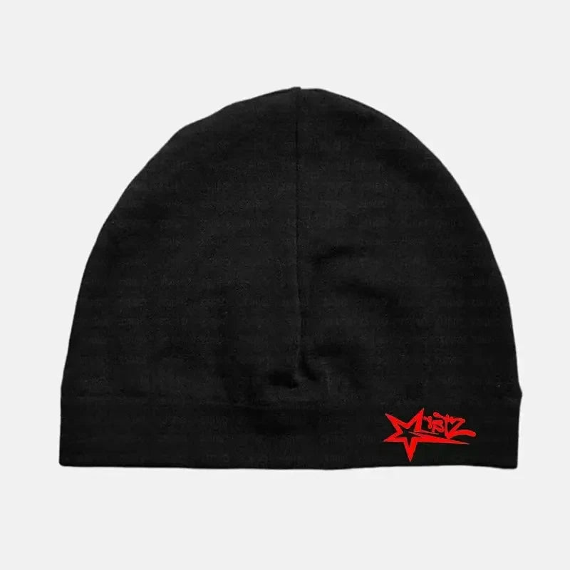 Black knit breathable skull hat with red embroidered logo on folded brim high elasticity outdoor star printed nylon