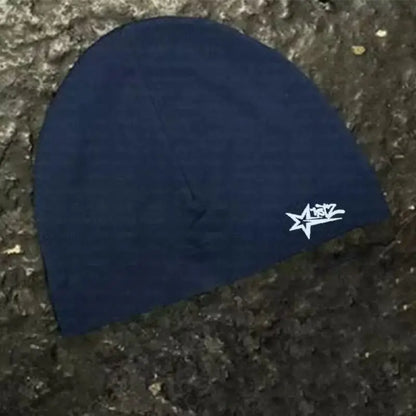 Navy blue star printed nylon knitted breathable skull hat with high elasticity for outdoor sports and hip-hop retro trend