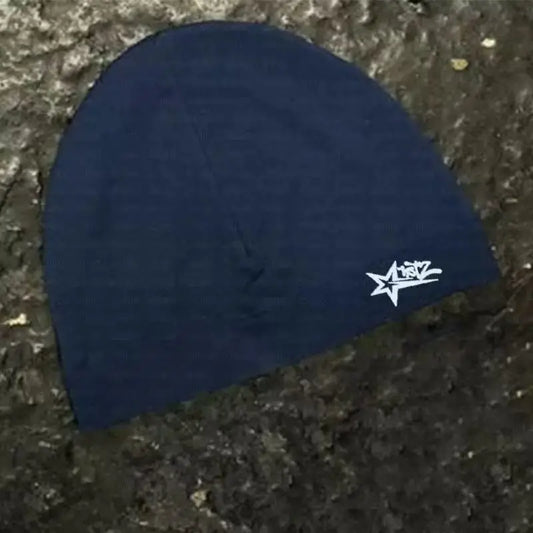Navy blue star printed nylon knitted breathable skull hat with high elasticity for outdoor sports and hip-hop retro trend