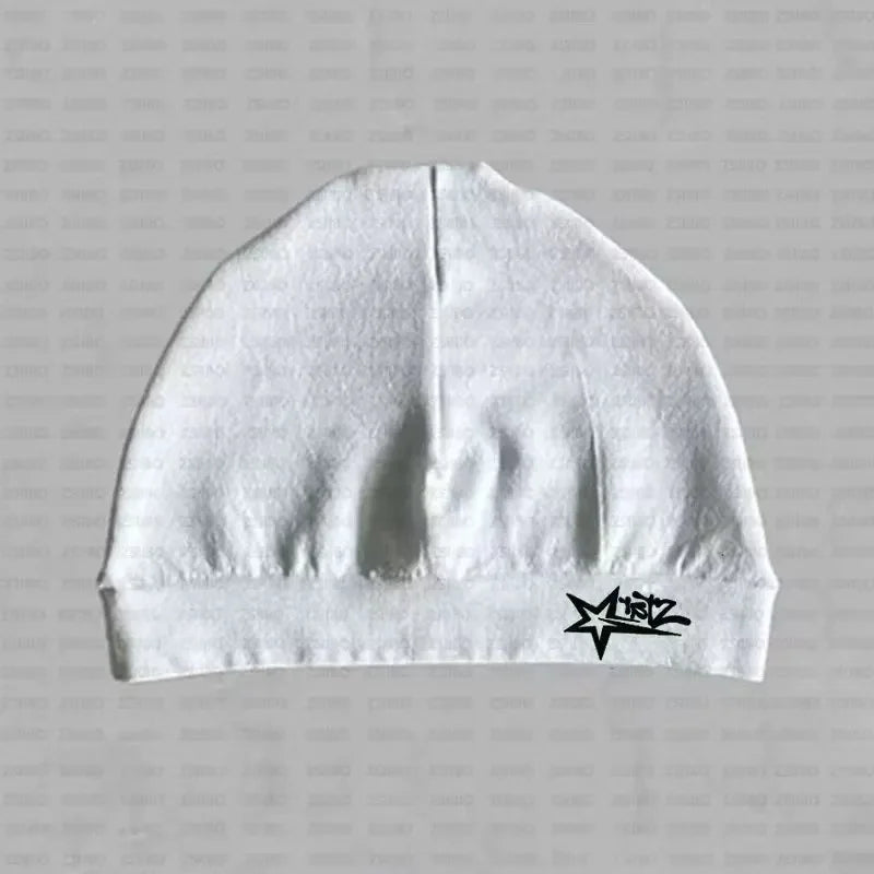 White knit star printed nylon swim cap with lustz logo on brim breathable skull hat for high elasticity outdoor sports
