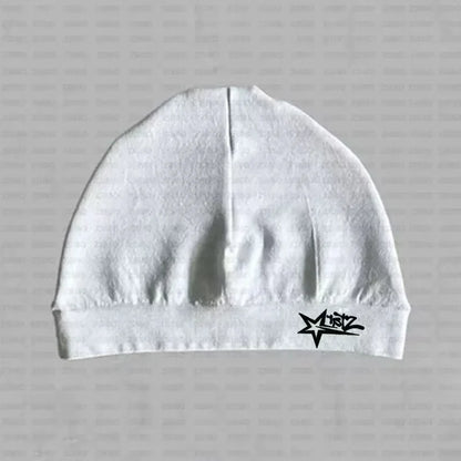 White knit star printed nylon swim cap with lustz logo on brim breathable skull hat for high elasticity outdoor sports