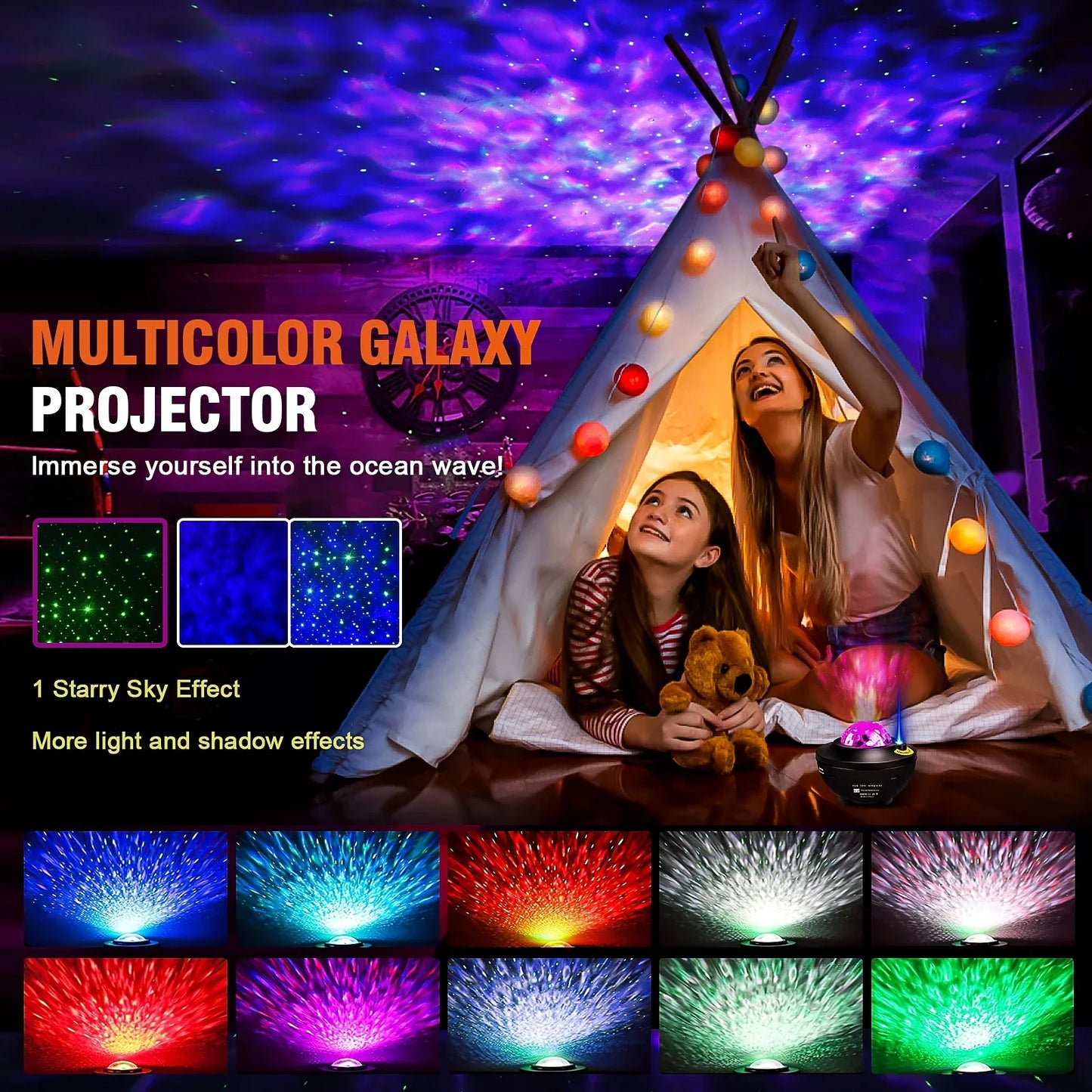 Black base starry projector galaxy night light with glowing multicolored ocean projection and child bluetooth usb player features