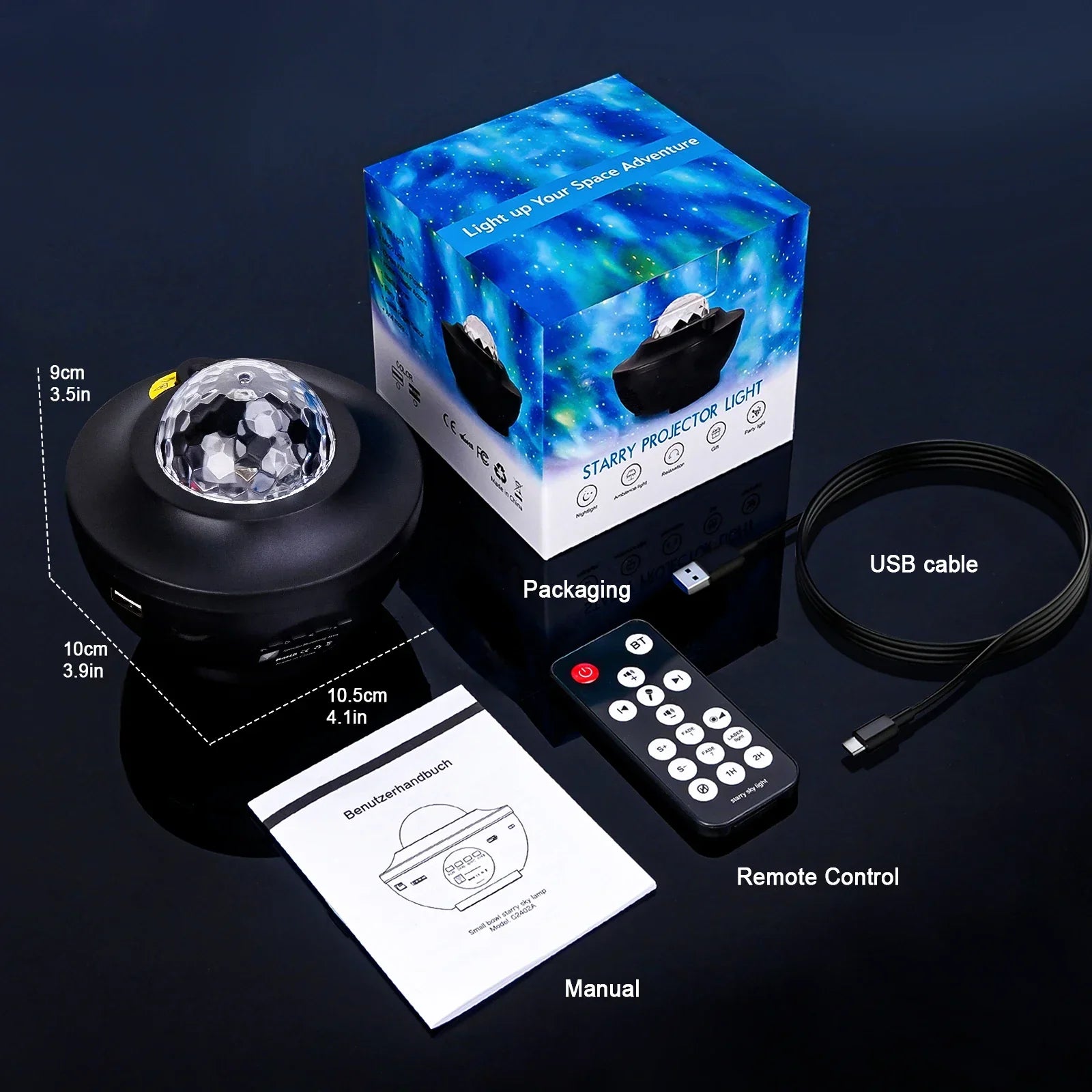 Black circular starry projector galaxy night light with faceted clear crystal dome and child bluetooth usb music player features