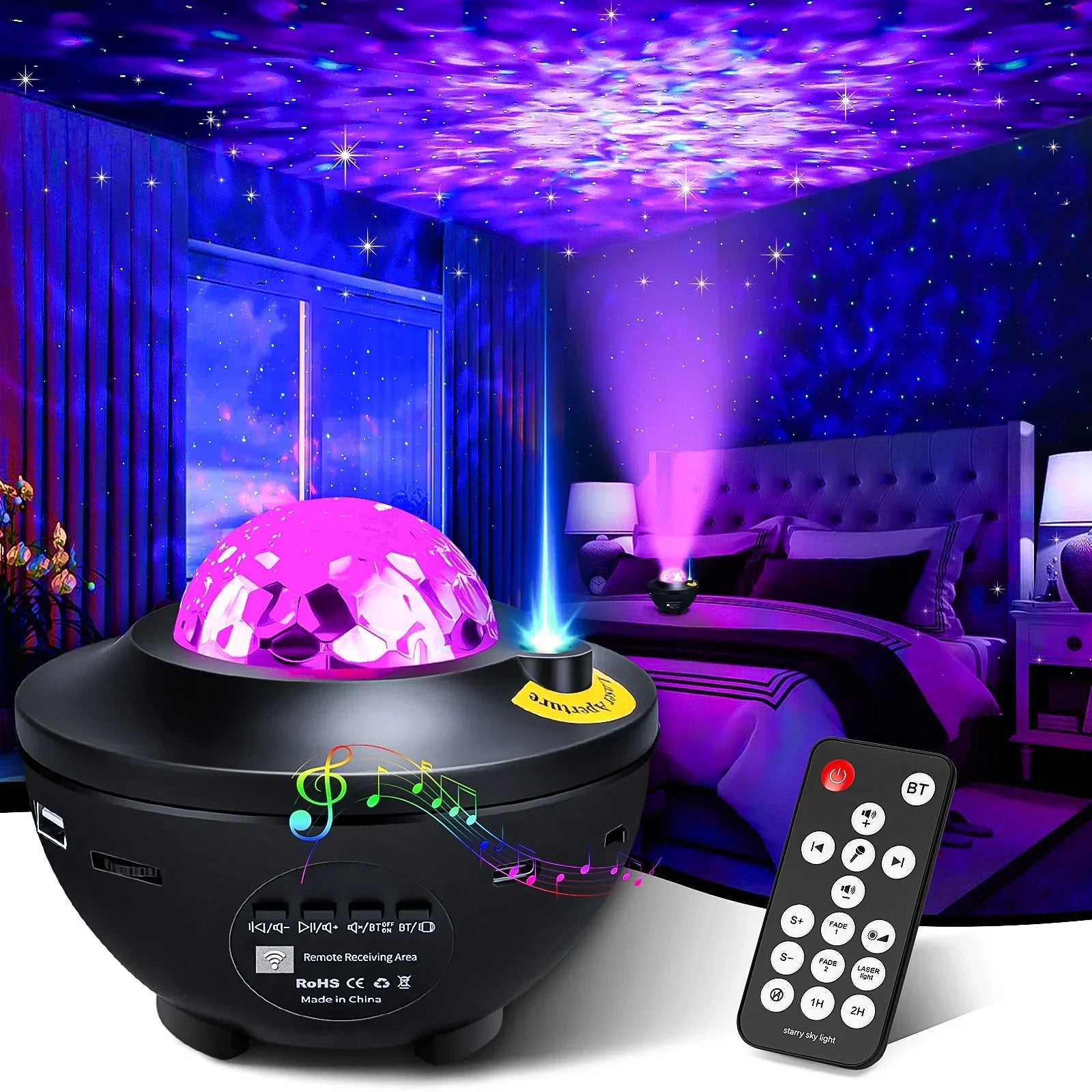 Purple disco ball starry projector galaxy with black base and remote child bluetooth usb player star nightlight