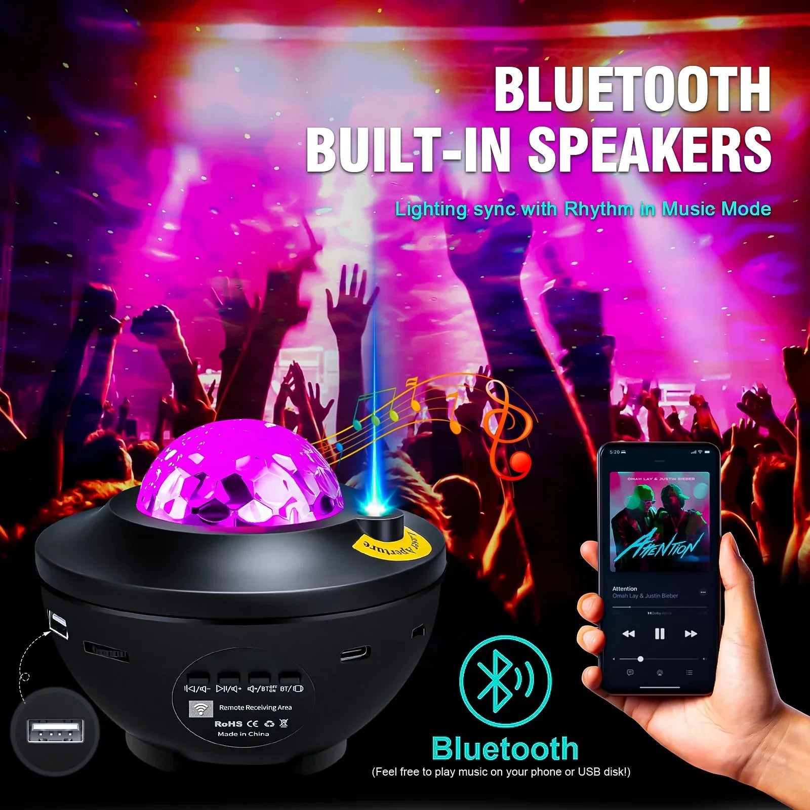 Purple starry projector galaxy led light with built-in bluetooth speakers and usb ports for child bluetooth usb use