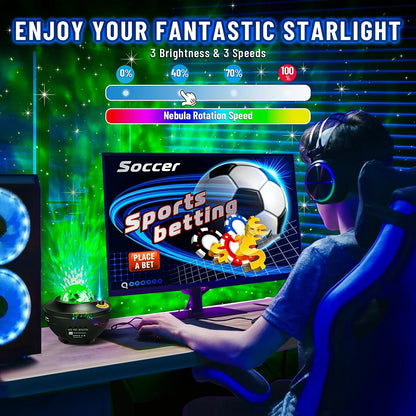 Black starry projector galaxy night light with green nebula effect adjustable brightness speed child bluetooth usb player