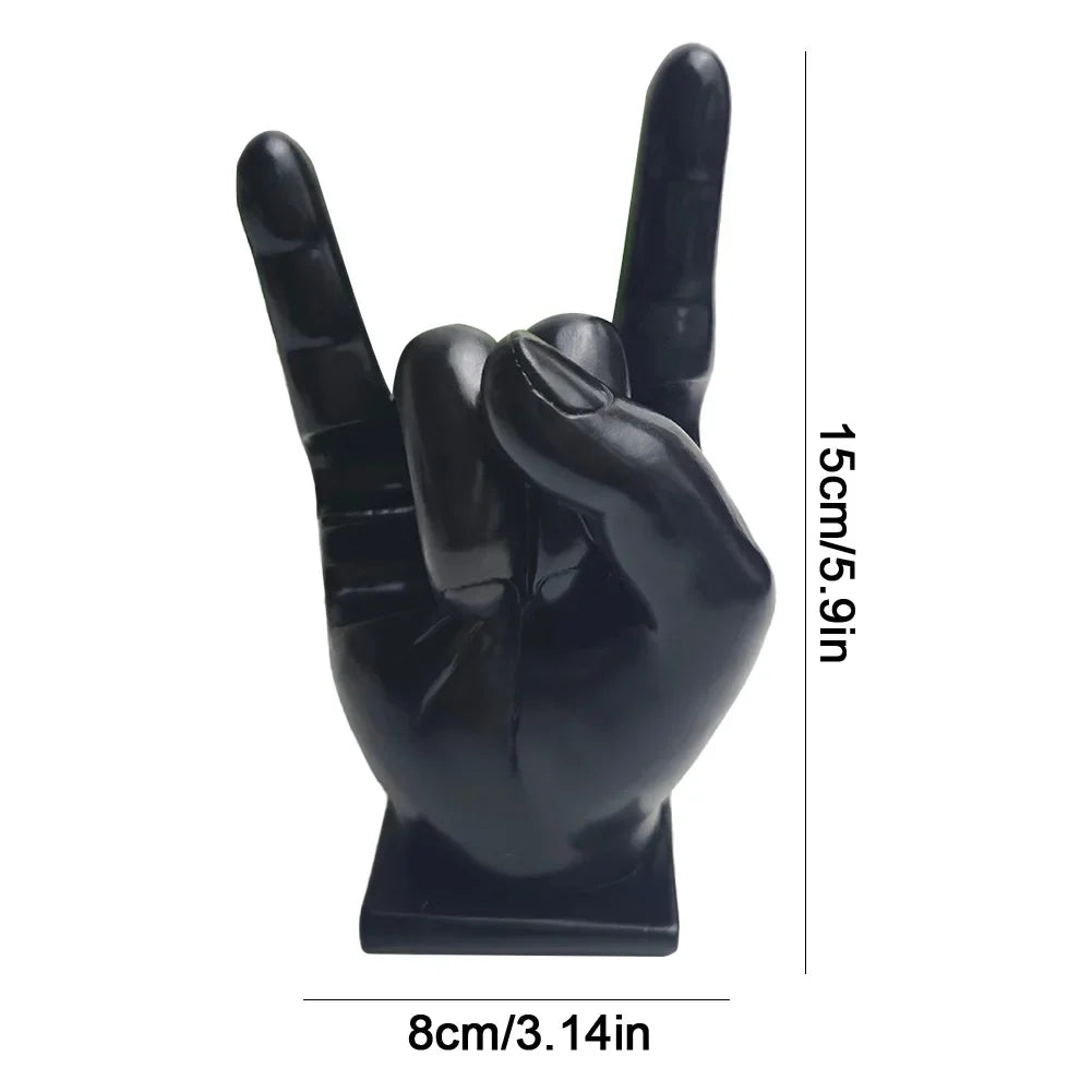 Black glossy resin hand figurine making rock on sign used as drum stick holder display stand for home decor