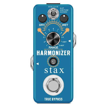 Blue stax guitar harmonizer effect pedal with black knobs and silver footswitch for original signal pitch shifting