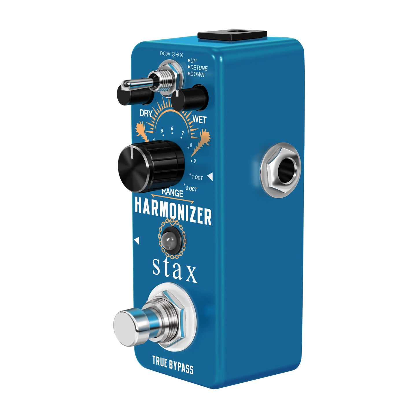 Blue stax guitar harmonizer effect pedal with black knobs and silver metal footswitch for original signal harmony