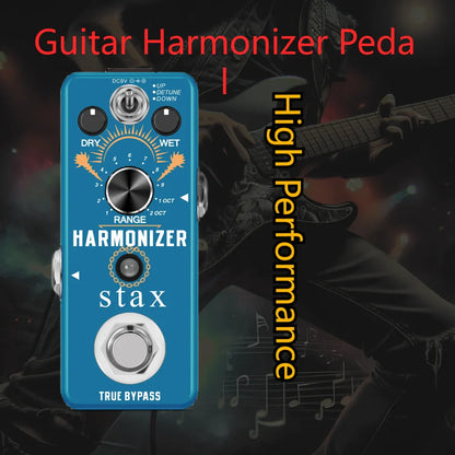 Blue stax guitar harmonizer effect pedal with black knobs and silver footswitch for original signal octave pitch shifting
