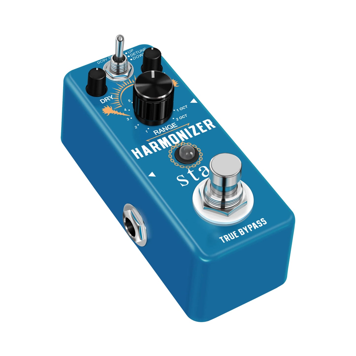 Blue rectangular stax guitar harmonizer effect pedal with black knobs and silver footswitch for harmony pitch shift