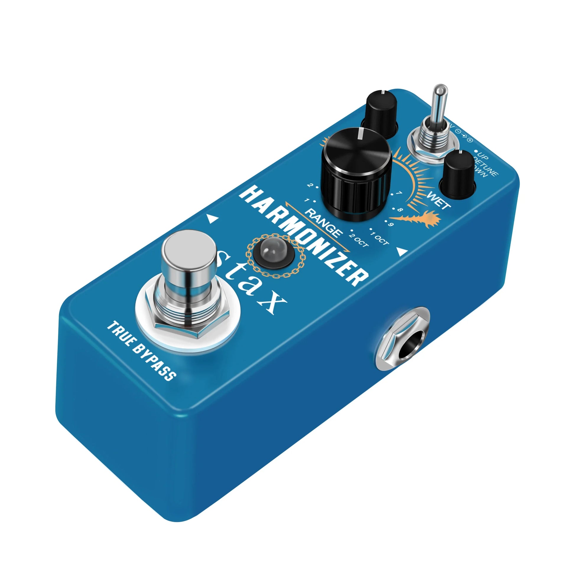 Blue rectangular stax guitar harmonizer effect pedal with black knobs silver switch and input jack for original signal processing