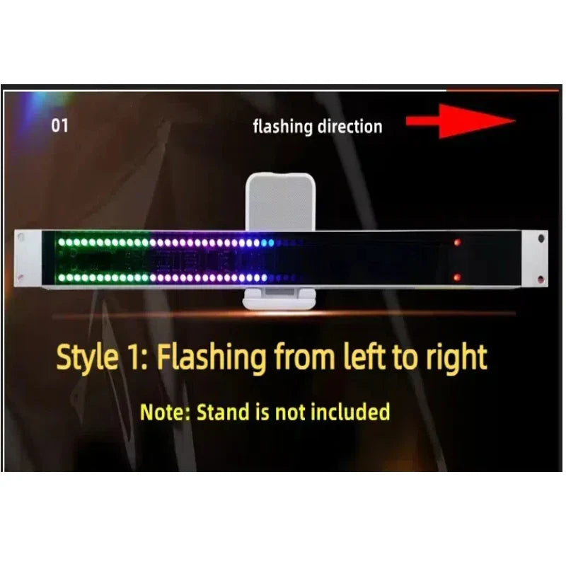 A sleek black stereo 1u double led spectrum meter with vibrant green white and purple rhythm level indicator lights