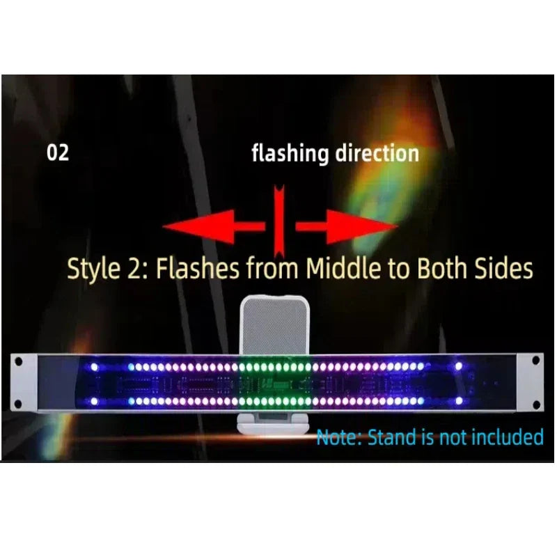 A sleek black stereo 1u double row led spectrum meter with vibrant blue green purple and white rhythm level indicator lights