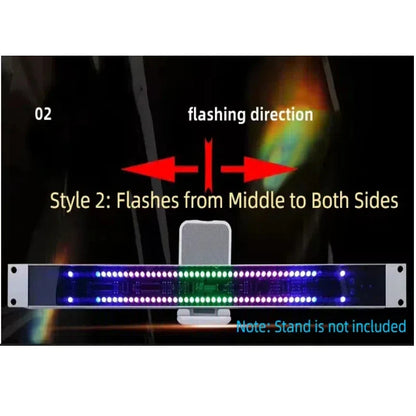 A sleek black stereo 1u double row led spectrum meter with vibrant blue green purple and white rhythm level indicator lights