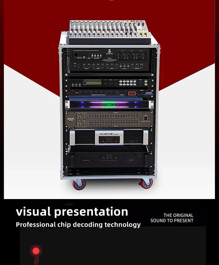 Black stereo 1u double audio cabinet with silver trim featuring led spectrum meter and rhythm level indicator light