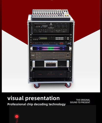 Black stereo 1u double audio cabinet with silver trim featuring led spectrum meter and rhythm level indicator light