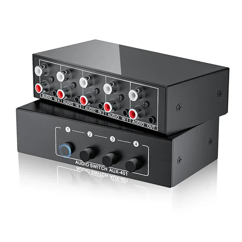 Black stereo audio switch box with red and white rca jacks and four knobs for 4-in-1 input audio output selection
