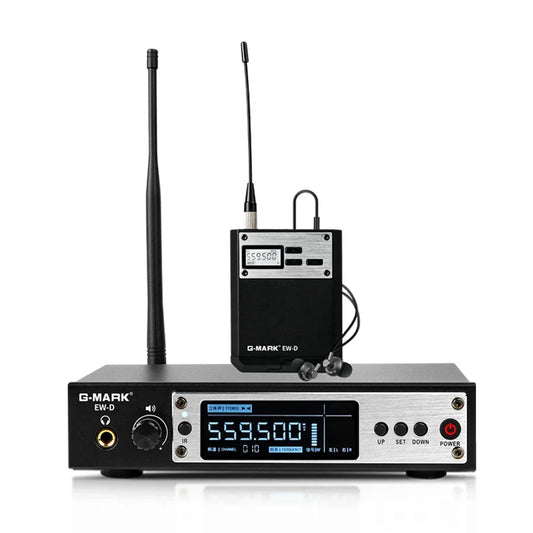 Black g-mark ew-d wireless lavalier microphone system with silver accents and digital display for wireless stage return and in-ear monitoring in guitar studio band