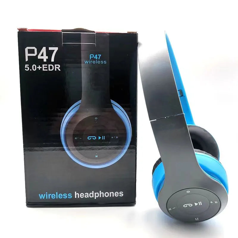 Blue and black wireless stereo p47 headset with folding design and bluetooth 5.0 for sports and gaming use