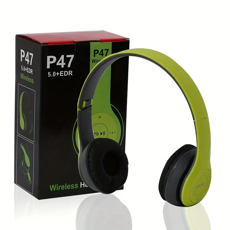 Lime green and black over-ear stereo P47 wireless Bluetooth headset with folding design for sports and gaming use