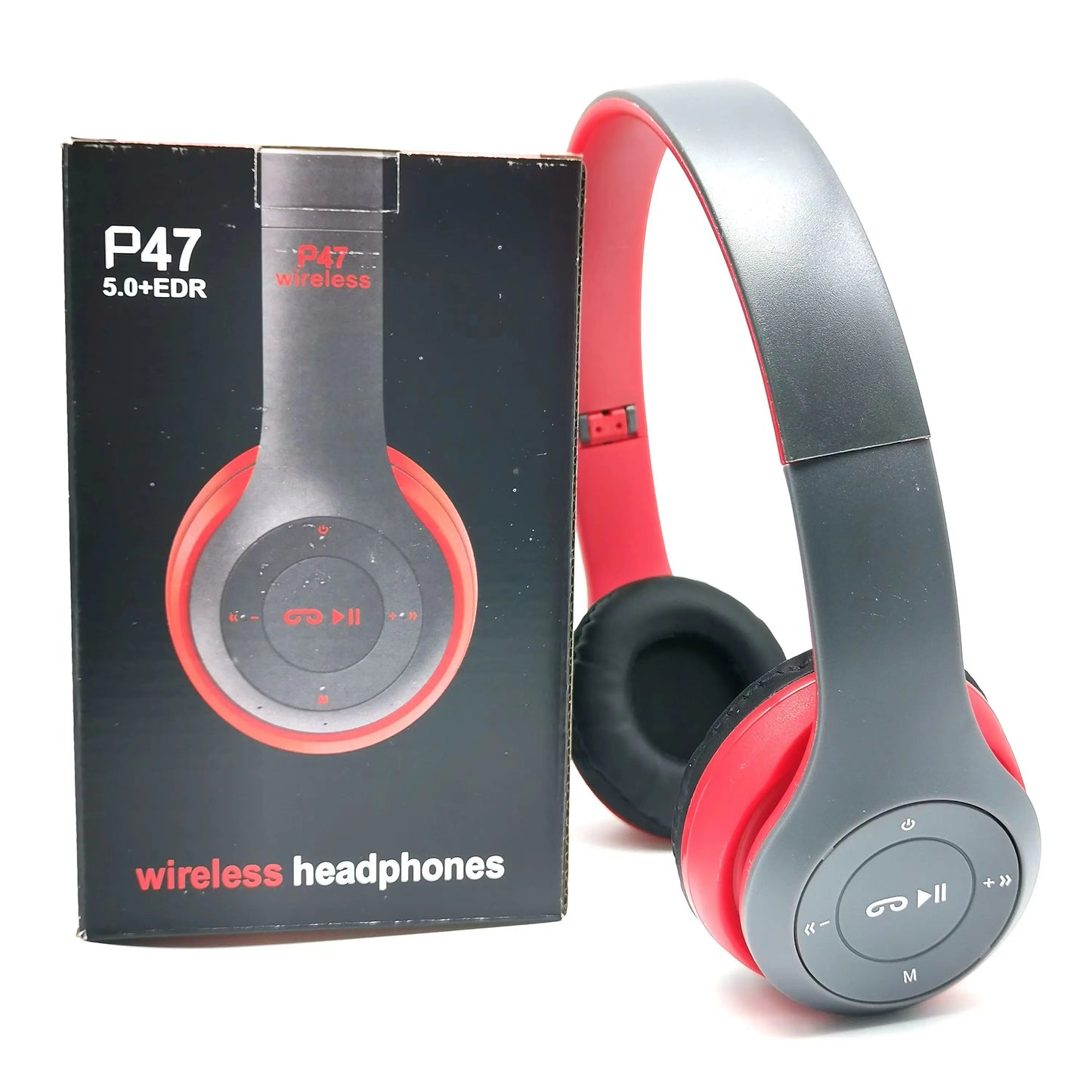 Red and gray stereo p47 wireless bluetooth headset with touch controls folding design for sports and gaming use