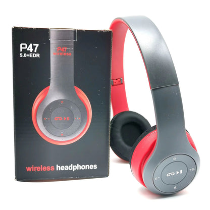 Red and gray stereo p47 wireless bluetooth headset with touch controls folding design for sports and gaming use