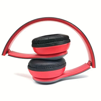 Red and black foldable stereo P47 over-ear Bluetooth headset with padded earcups for wireless sports and gaming use