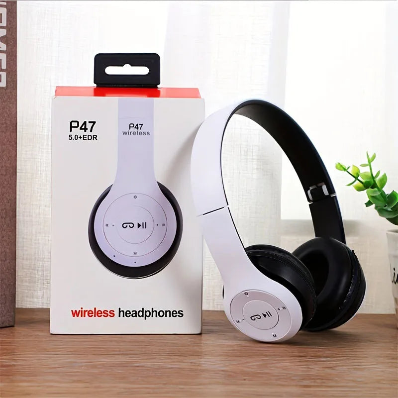 White and black over-ear stereo p47 wireless bluetooth headphones with circular control panel for sports and gaming