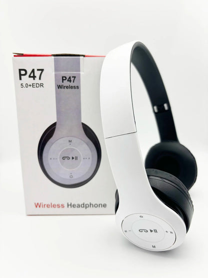 White and black over-ear stereo p47 wireless bluetooth headset with touch controls for sports and gaming use