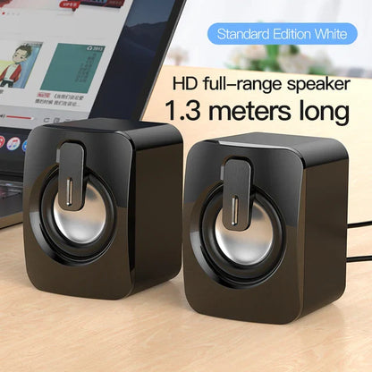 Standard edition white hd full-range wired stereo speakers with black cube bodies and silver drivers for desktop computer laptop and mini home musical use with power amplifier