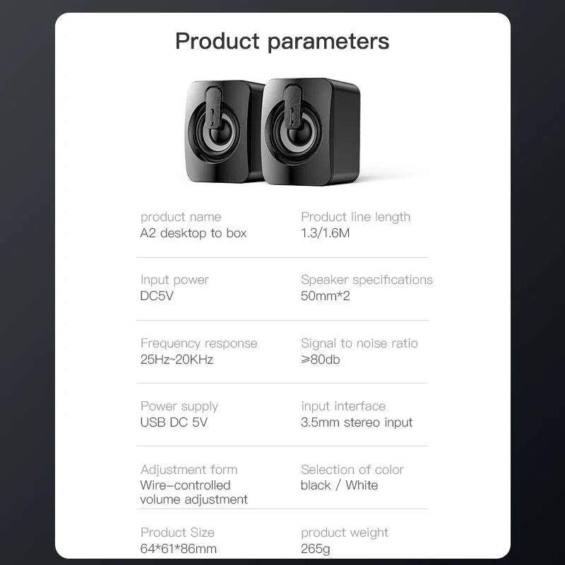 Black a2 desktop computer laptop stereo speaker with 50mm drivers and sleek rectangular design for mini home musical use