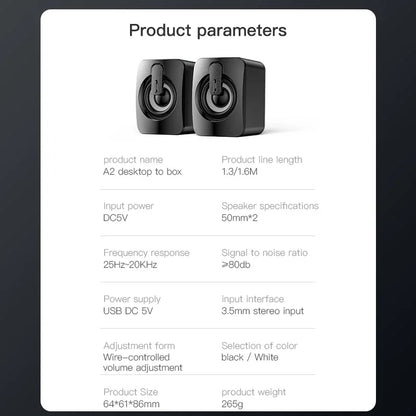 Black a2 desktop computer laptop stereo speaker with 50mm drivers and sleek rectangular design for mini home musical use