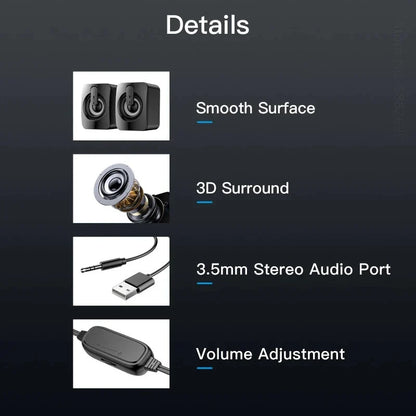 Black stereo speakers with smooth surface and 3d surround sound for desktop computer laptop mini home musical use