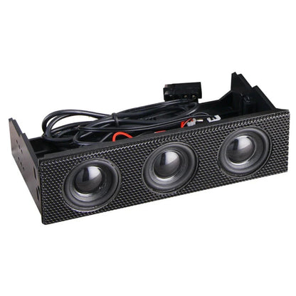 Black rectangular stereo surround speaker with three circular drivers and textured grille for mini mic music use