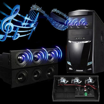 Black rectangular stereo surround speaker with three circular drivers and blue glowing accents for mini mic music use
