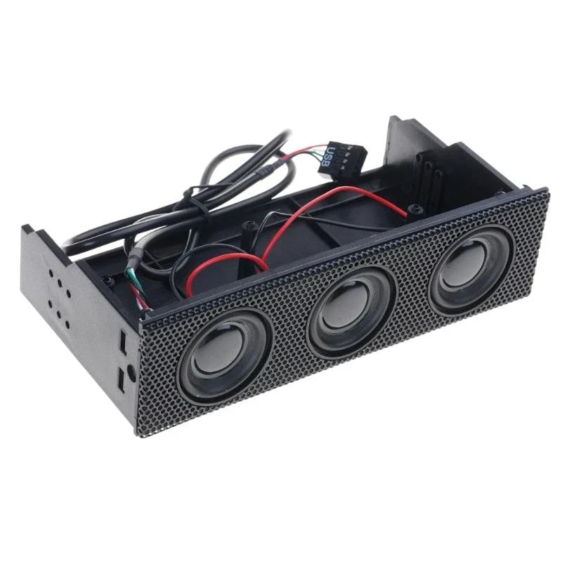 Black rectangular stereo surround speaker with three drivers, perforated grille, internal wiring, usb connector for pc use