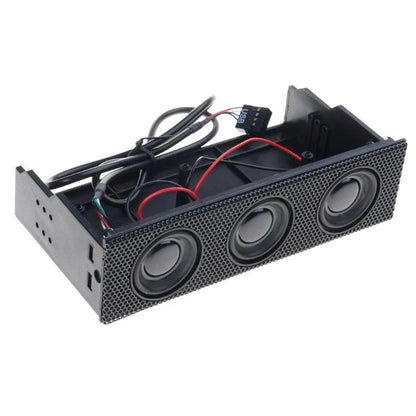 Black rectangular stereo surround speaker with three drivers, perforated grille, internal wiring, usb connector for pc use