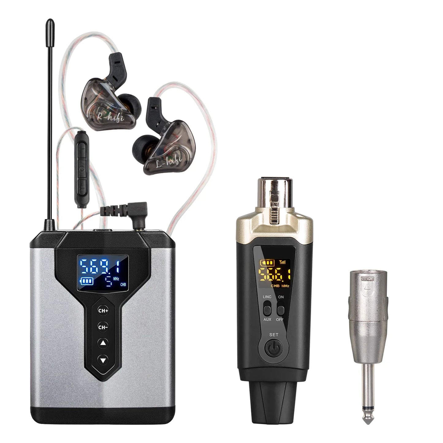 Silver and black wireless stereo uhf in-ear monitoring system with transparent r-hifi earpieces for stage performance studio