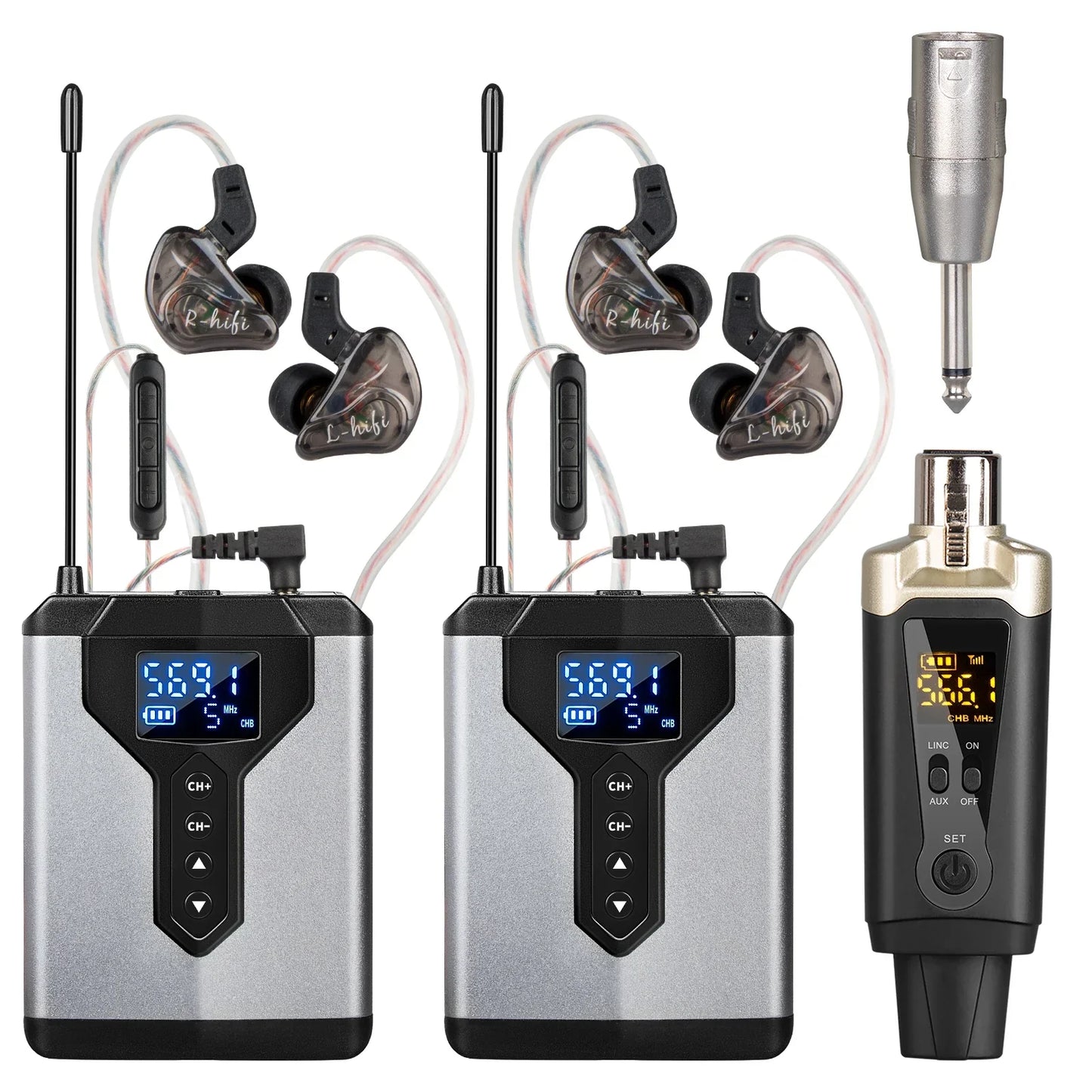 Silver and black wireless stereo uhf in-ear monitoring lavalier microphone system with transparent earpieces for live music stage